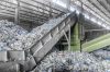 escalator with a pile of plastic bottles at the factory for processing and recycling. PET recycling plant